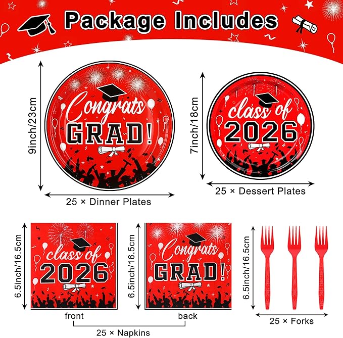 100 Pcs Graduation Plates and Napkins, 2026 Red Black Graduation Disposable Plates and Napkins Party Supplies Set Serves 25, Red Black Disposable Dinnerware Set for 2026 Decorations Grad Party