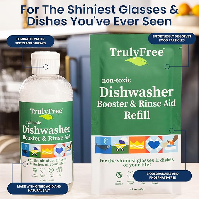 Truly Free Natural Dishwasher Booster & Rinse Aid Kit - Non-Toxic Dishwashing Aid Formula, Removes Residue & Tough Dish Stains, Water Spot Remover - 12 oz Reusable Empty Bottle + One Fill, 3 oz