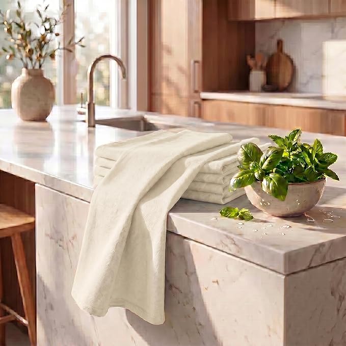 Urban Villa Kitchen Towels 100% Cotton Dish Towels for Kitchen(Set of 6) 20”x30” Dish Cloths Highly Absorbent Kitchen Linen Set with Hanging Loop Perfect for Drying – Ivory.