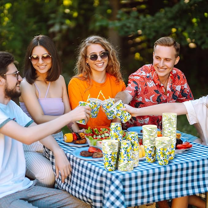 Tessco 150 Pcs 50 Sets Capri Lemon Paper Cups with Lids and Straws - 12 oz Blue Tiles Italian Lemon Cold Cups for Amalfi Coast Party, Bridal Shower, Wedding Supplies
