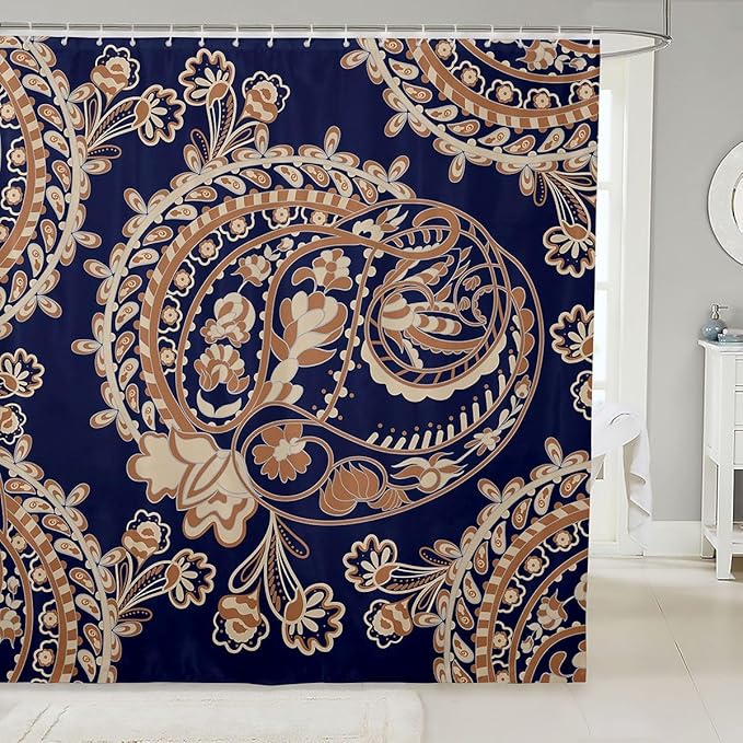 Feelyou Paisley Bath Curtain Kids Boho Paisley Print Shower Curtain Bohemian Exotic Style Bathroom Shower Curtain Set for Indian Style Navy Blue Kids Bathroom Accessories 72"x84"