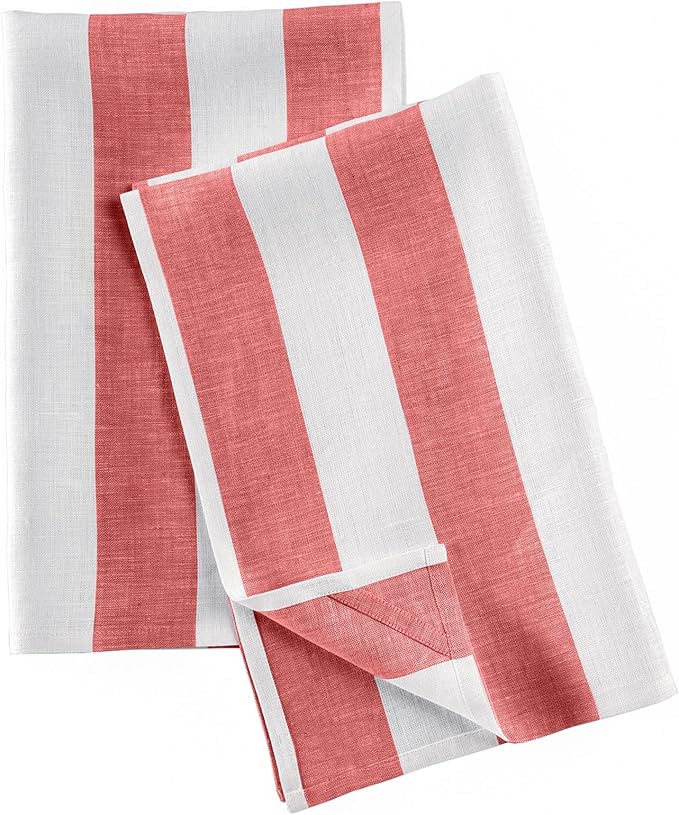 Solino Home Red and White Linen Kitchen Towels Set of 2-100% Pure Linen 17 x 26 Inch Cabana Stripe Tea Towels with Hanging Loop - European Flax Kitchen Dish Cloth - Quick Dry & Machine Washable