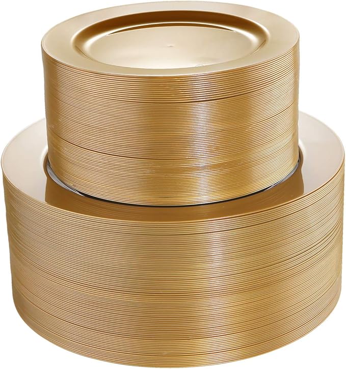 I00000 102 Pieces Solid Gold Disposable Plates, Gold Plastic Plates Premium Plastic Party Plates Includes: 51 Dinner Plate 10.25 Inch and 51 Salad/Dessert Plate 7.5 Inch for Wedding & Party