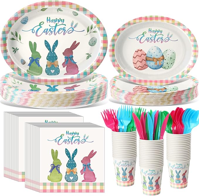 Havawish 350 Pcs Easter Bunny Party Supplies Happy Easter Disposable Tableware Set Pastel Buffalo Plaids Bunny Eggs Oval Paper Plates Cups Napkins Fork Knife Spoon for Spring Party Table Decorations