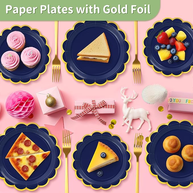 50 Pcs Navy Blue Paper Plates, 25 Pcs 9" and 25 Pcs 7" Disposable Navy Blue Scalloped Plates with Gold Foil for Graduation Wedding Baby Shower Birthday Party Picnic BBQ Halloween