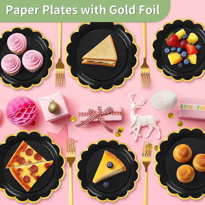 50 Pcs Black Paper Plates, 25 Pcs 9" and 25 Pcs 7" Disposable Halloween Scalloped Plates with Gold Foil for Graduation Wedding Baby Shower Birthday Party Picnic BBQ