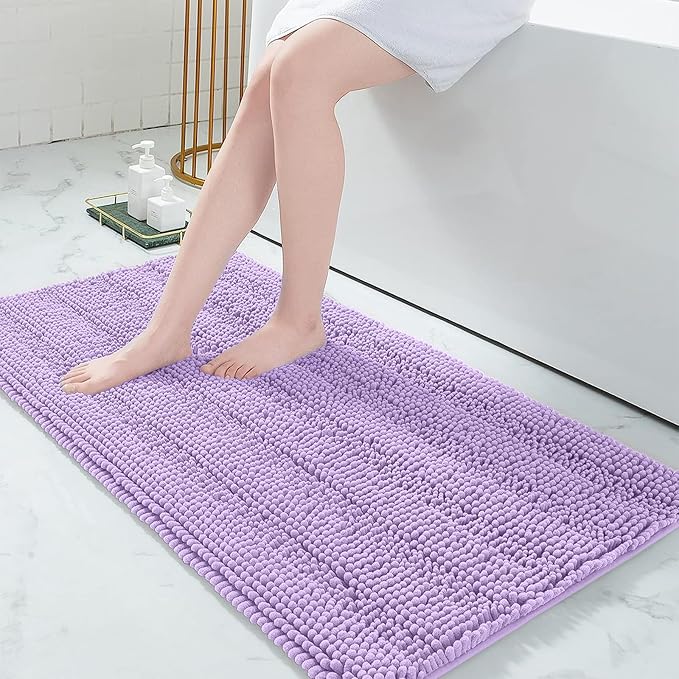 Grandaily Chenille Striped Bathroom Rugs 47x24, Extra Thick and Absorbent Bath Mats, Non-Slip Soft Plush Shaggy Shower Carpet, Machine Wash Dry, Bath Rug for Bathroom, Purple