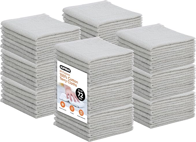 Superio Cotton Terry Washcloths Grey Towels 100% Cotton Cleaning Cloth Rags Wash Clothes for Body and Face, Spa Towels, Multi Purpose (12"x12"), 72 Pack