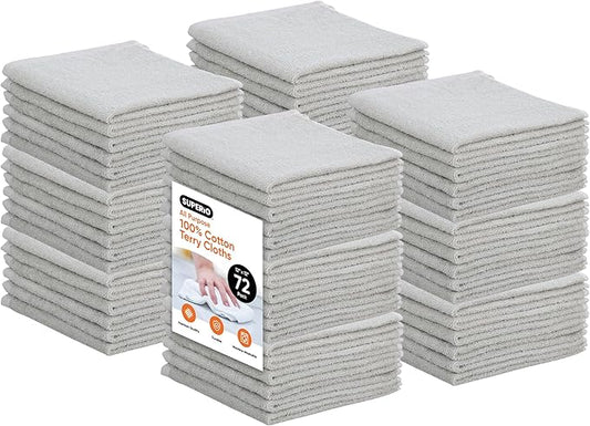 Superio Cotton Terry Washcloths Grey Towels 100% Cotton Cleaning Cloth Rags Wash Clothes for Body and Face, Spa Towels, Multi Purpose (12"x12"), 72 Pack