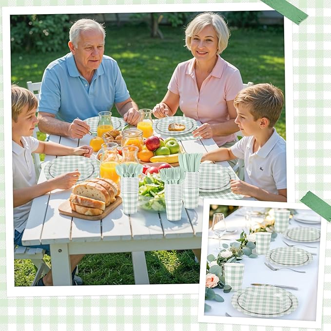 NatNarr 175 Pcs Sage Green Gingham Party Supplies Include Green Plates and Napkins Disposable Checkered Dinnerware Set for Baby Bridal Shower, Wedding, Birthday, Picnic