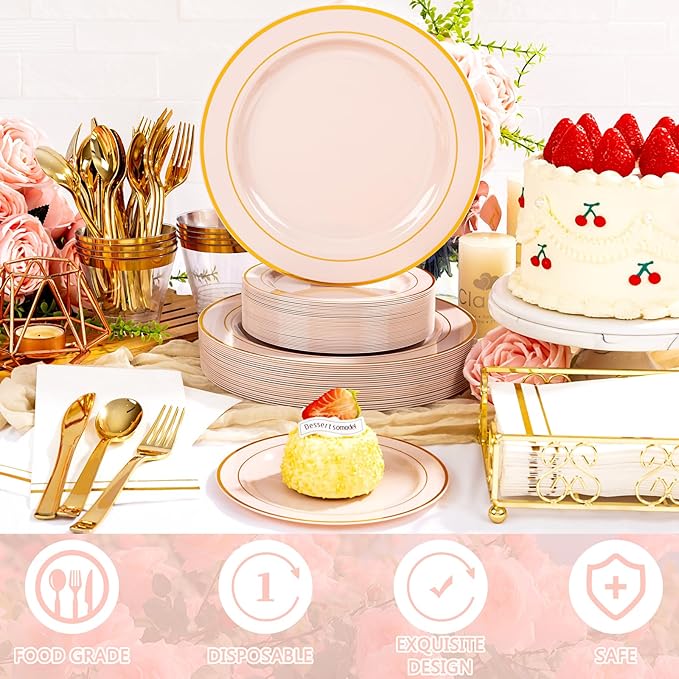 GATHER 700PCS Pink Plastic Plates - Gold Rim Disposable Plastic Dinnerware Set Include 200 Pink Plates, 300 Silverware, 100 Napkins, 100 Cups for Party & Wedding & Baby Shower