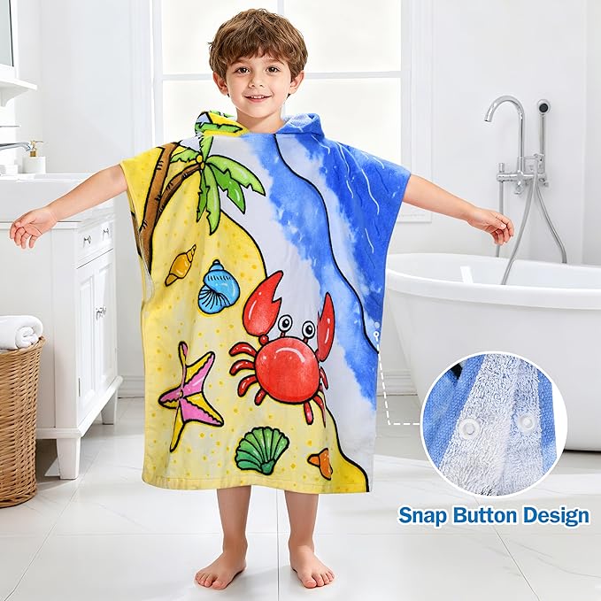 Tirrinia Kids Hooded Beach Towel, Toddler Hooded Bath Towel & Poncho Towel Super Absorbent, Wearable Swim Towel for Kids 3-6 Years Boys Girls at Bath Pool Beach, Birthday Gifts, Crab