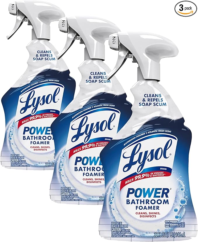 Lysol Power Foaming Bathroom Cleaner,Multipurpose Cleaner For Showers,Bathtubs,Sinks,Disinfectant Spray Kills 99.9% Of Germs,Zero Bleach Cleaning Spray,32 Oz.,(Pack of 3)