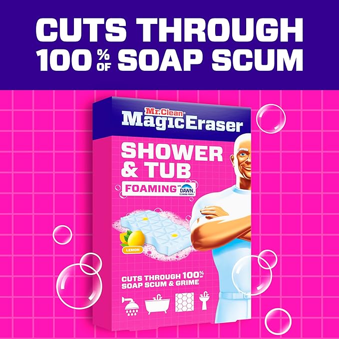 Mr. Clean Magic Eraser Sponge, Bathroom, Shower, Tub Cleaner, Soap Scum Remover, Bathroom Cleaning Supplies, Dawn Cleaning Power with Lemon Scent, Shower & Tub, 8ct (Pack of 4)