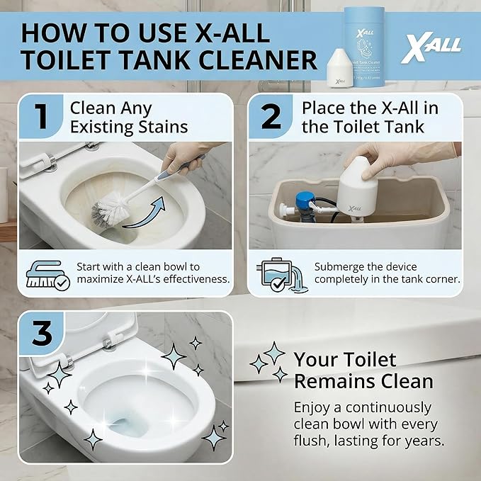 X-ALL White Toilet Tank Cleaner System – Continuous Cleaning Toilet Tank Device with Long-Lasting Mineral Core Technology, Helps Reduce Stains & Buildup, Septic Safe, 250g