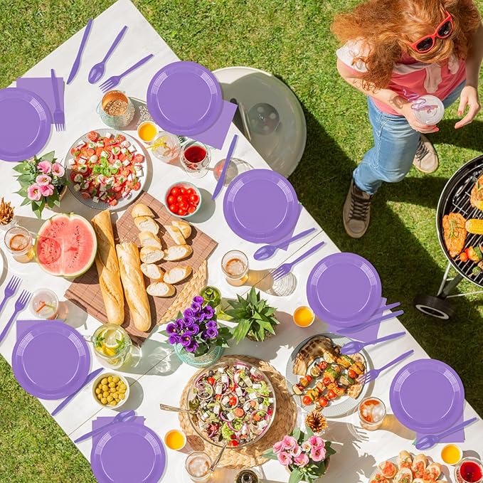 228PCS Lavender Party Supplies Set Include Paper Plates Cups Paper Napkins Plastic Spoons Forks Knives for 30 Guests Disposable Party Dinnerware for Birthday Wedding Family Picnic