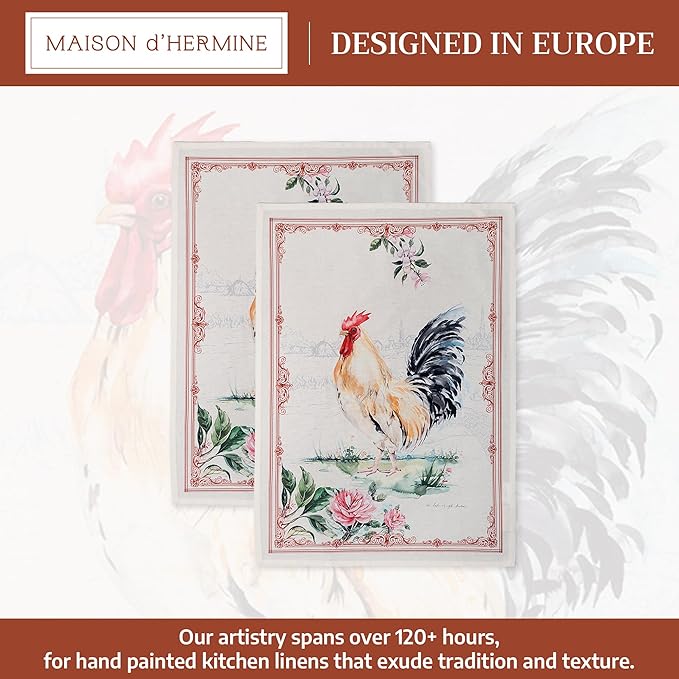 100% Cotton Kitchen Towel Campagne Maison d' Hermine Set of 2 Super Soft Highly Absorbent Hotel Quality Quick Drying Cleaning Dishcloth Tea Bar Towels Spring/Summer (Coq, 20"x27.50")