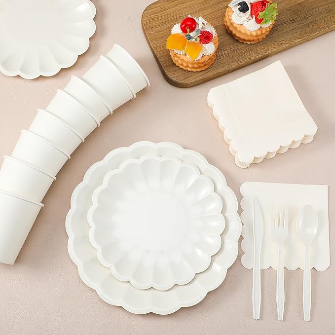 Newtay 350 Pcs Cream White Scalloped Paper Plates Shell Edge Disposable Tableware Cocktail Napkins Cups Plastic Spoons Forks Knives for Wedding Baby Shower Picnic Birthday Party Supply for 50 Guests