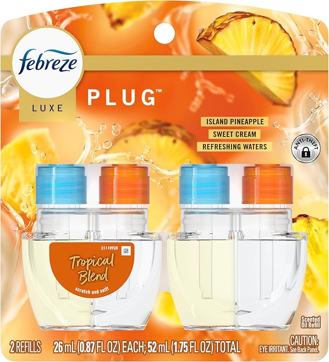 Febreze Plug In Air Freshener,Odor-Fighting Scented Oil Refill,Tropical Blend Scent,2 Refill,(Pack of 2)