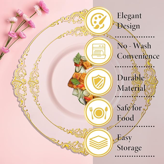 Nervure 350PCS Pink Plastic Plates - Pink Plastic Dinnerware Sets for 50 Guests - 100 Disposable Plates, 150 Gold Silverware, 50 Cups, 50 Napkins Perfect for Wedding & Party