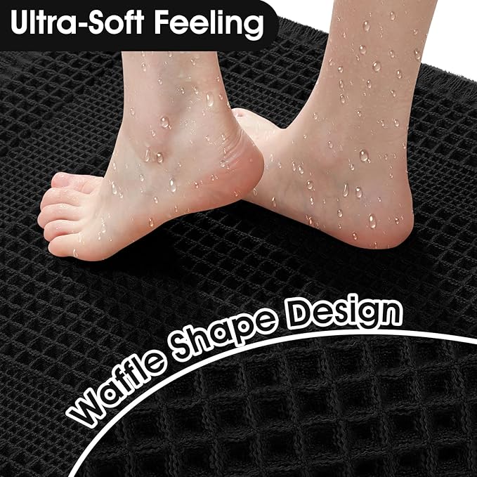 Upgraded Waffle Bath Mat, 36"x24" Black-Looped, Super Absorbent Non-Slip Quick Dry Bathroom Rugs with Tassels, Machine Washable Ultra Soft Boho Bath Rugs for Floor, Toilet Mats Boho Farmhouse Decor