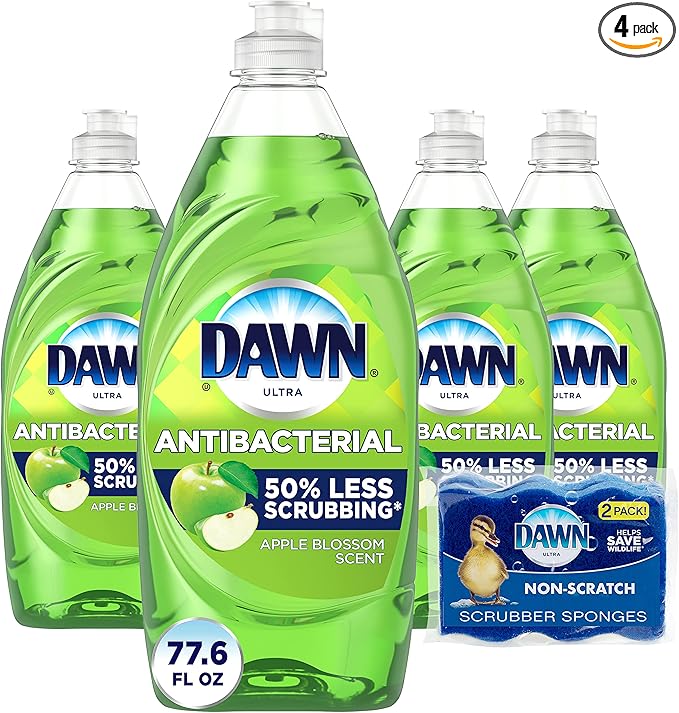 Dawn Dish Soap, Antibacterial Hand Soap, Dishwashing Liquid, Apple Blossom Scent,19.4 Oz, Pack Of 4 + 2 Sponges