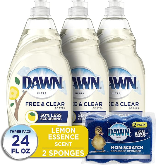 Dawn Free & Clear Dishwashing Liquid Dish Soap (3x24 oz) + Dawn Non-Scratch Scrubber Sponge (2 Count), Lemon Essence