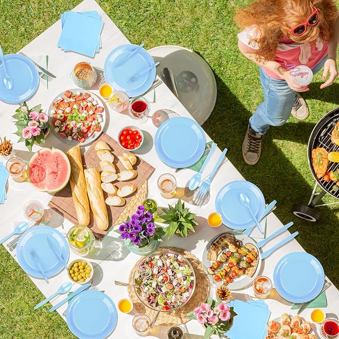 228PCS Light Blue Party Supplies Set Include Paper Plates Cups Paper Napkins Plastic Spoons Forks Knives for 30 Guests Disposable Party Dinnerware for Birthday Wedding Family Picnic
