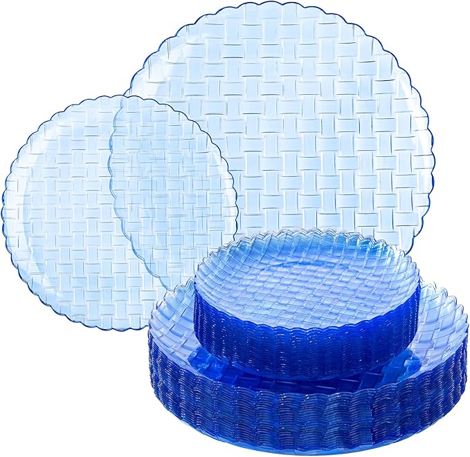 Festiva 60PCS Clear Blue Plastic Plates - Heavy Duty Weave Pattern Fancy Disposable Plates -serve for 30 guests Include 30PCS 10" & 30PCS 7" Plates for Birthday & Easter Party(Blue)