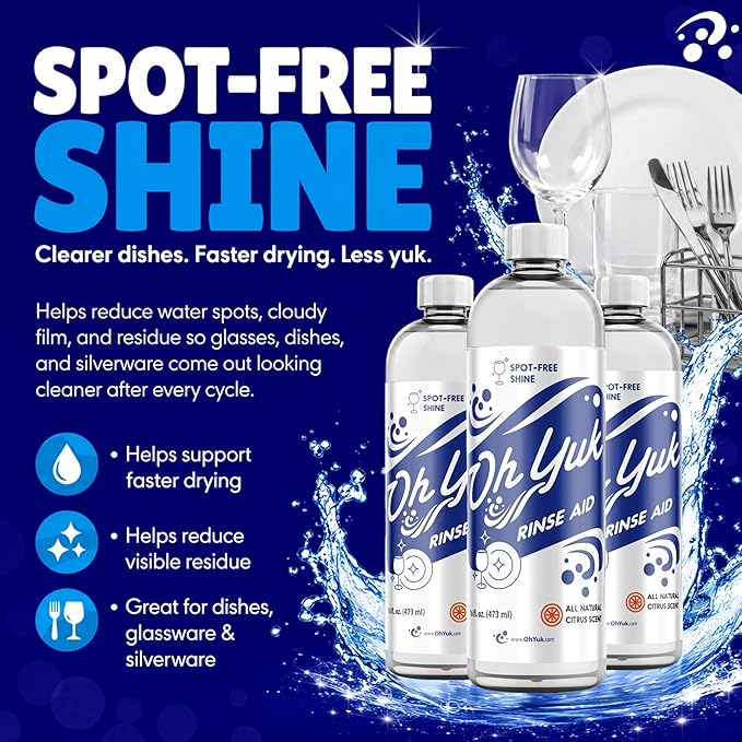 Oh Yuk Dishwasher Rinse Aid Liquid, Dishwasher Drying Agent for Spot-Free Shine, Liquid Rinse Aid for Dishes, Glasses & Silverware, Helps Reduce Water Spots & Improve Drying, Citrus Scent