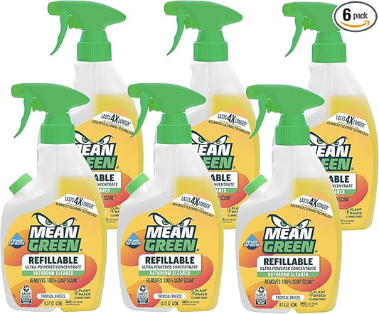 Mean Green Refillable Ultra Powered Concentrate Bathroom Cleaner, Tropical Breeze, 14.3 Ounce, 6 Pack