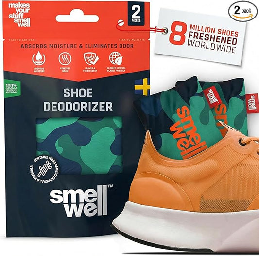 SmellWell - Scented Shoe Deodorizer Inserts - Odor Eliminators - Activated Bamboo Charcoal + Minerals - Natural Freshenes for shoes, bags, gloves - 2 x 1.8oz Original Size Camo Green