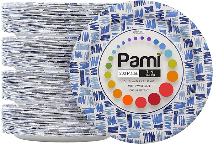 PAMI Heavy-Duty Disposable Small Round Paper Dinnerware, Microwave-Safe, Cut, Oil & Water Resistant, Unique Design (7 Inch Plate 200 Blue)
