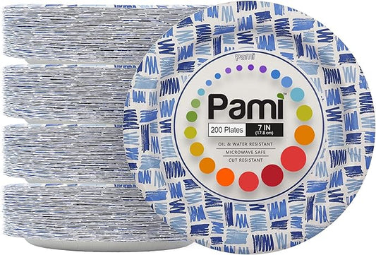 PAMI Heavy-Duty Disposable Small Round Paper Dinnerware, Microwave-Safe, Cut, Oil & Water Resistant, Unique Design (7 Inch Plate 200 Blue)