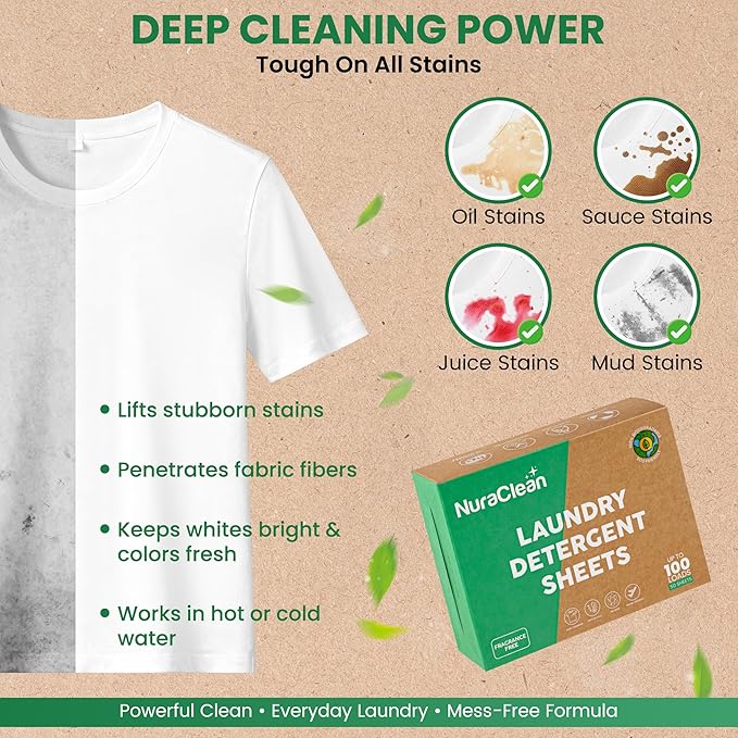 Concentrated Eco-friendly Laundry Detergent Sheets - Powerful Clean - Biodegradable - 50 Sheets (Up to 100 Loads) – Plastic‑Free, HE Compatible, Hypoallergenic & Travel Friendly (Unscented)