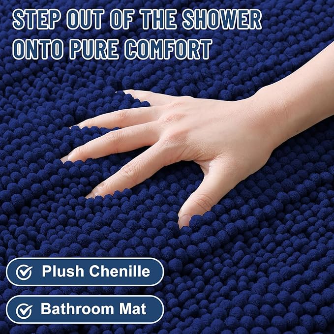 Grandaily Chenille Striped Bathroom Rugs 47x24, Extra Thick and Soft Absorbent Bath Mats, Rubber Backing, Plush Shaggy Shower Carpet, Machine Wash Dry, Bath Rug for Bathroom, Navy Blue