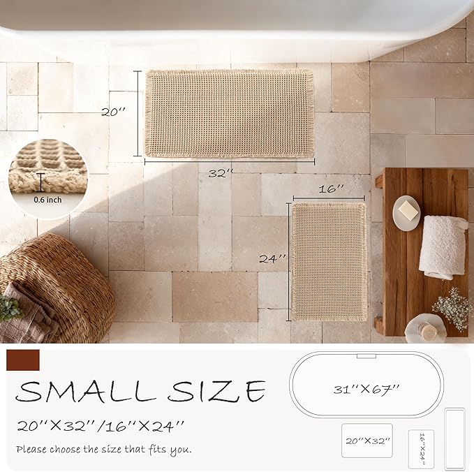 DWCN Waffle Bathroom Mat Set, Super Absorbent Non Slip Bath Rugs Set for Bathroom Floor, Shower Mats 2 Pcs for Tub, Washable Kitchen Rugs for Farmhouse Boho Home Decor, 24"x16"Plus 32"x20", Brown