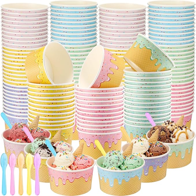Jingmore 60 Set Paper Ice Cream Cups Bulk with Spoons 8 oz Disposable Sundae Bowls Colorful Paper Dessert Cups Containers for Snack Yogurt Soup Summer Bar Party Supplies