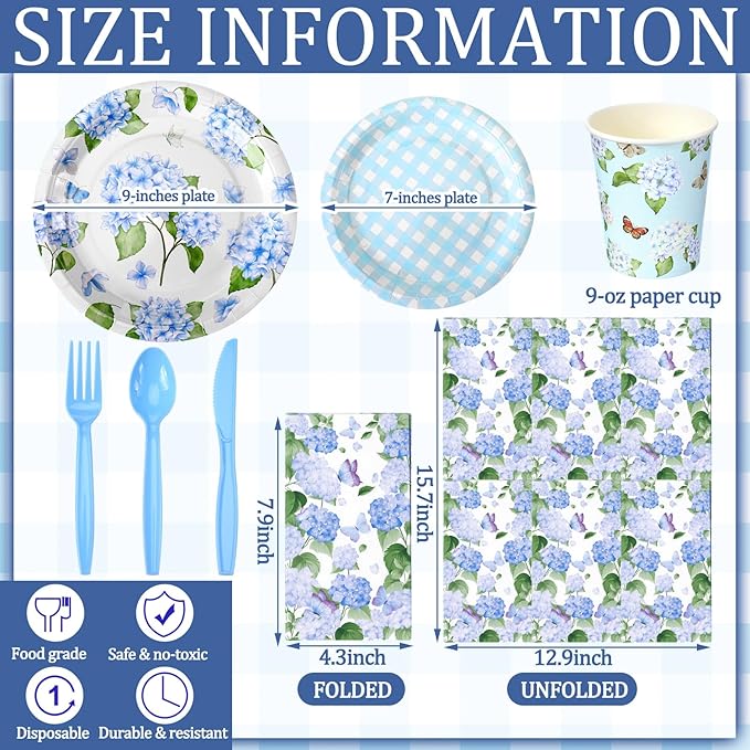 Sinmoe 400 Pcs Spring Plates and Napkins Set Paper Flower Dinnerware Disposable Party Supplies for 50 Guest Dinnerware Knife Fork Spoon for Spring Birthday Party(Blue,Hydrangea)