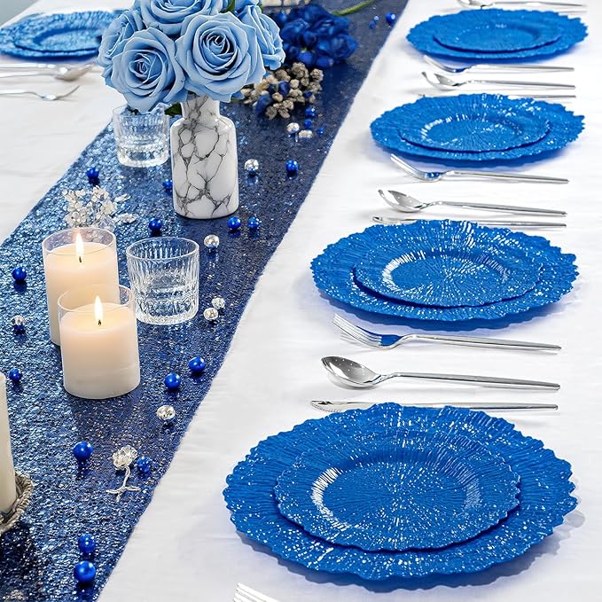 DaYammi 60Pcs Blue Plastic Plates - Sapphire Blue Plates Disposable & Reusable - Heavy Duty Plastic Plates for Party Including 30 Dinner Plate,30 Dessert Plate for Weddings,Dinner