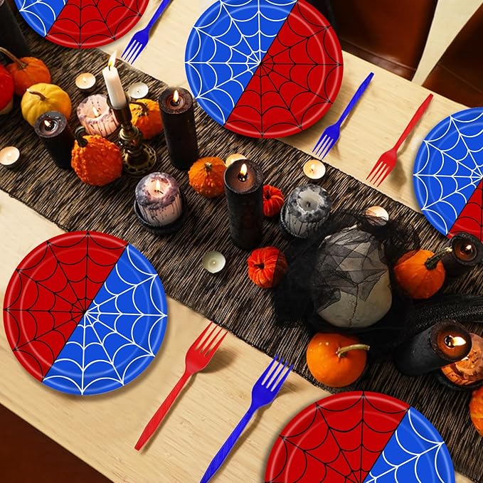 100 Pcs Spider Web Tableware Party Supplies – Disposable Red and Blue Web Paper Plates, Napkins, and Forks for Birthdays, Kids Parties, and Comic Theme Celebrations – Serves 25