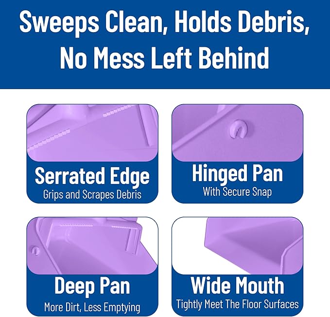 SPARTA Upright Dustpan with Aluminum Handle, Serrated Edge for Broom Combing, Secure Yoke Lock with Easy Storage Hanging Hole for Commercial Cleaning, Plastic, 30 Inches, Purple