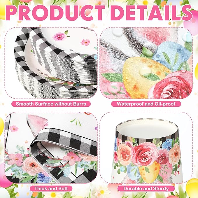 Havawish 350 Pcs Easter Bunny Party Supplies Happy Easter Disposable Tableware Set Buffalo Plaids Eggs Bunny Oval Paper Plates Cups Napkins Fork Knife Spoon for Spring Holiday Party Dinner Table Decor