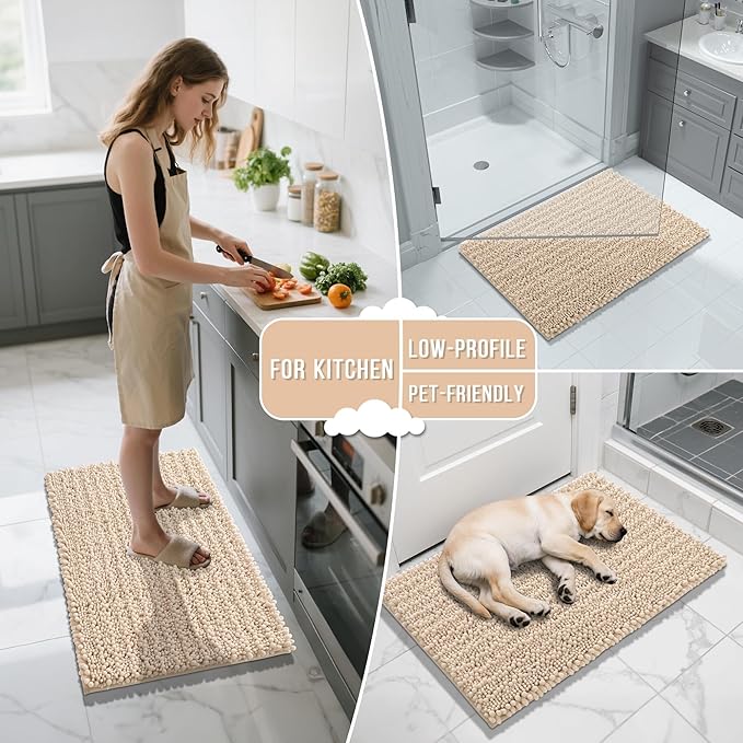 Yimobra Bathroom Runner Rug 55x24 Inch - Extra Long Non Slip Chenille Bath Mat, Soft & Absorbent, Machine Washable Shaggy Hallway Carpet for Vanity Tub Shower, Light Brown Home Decor Accessories