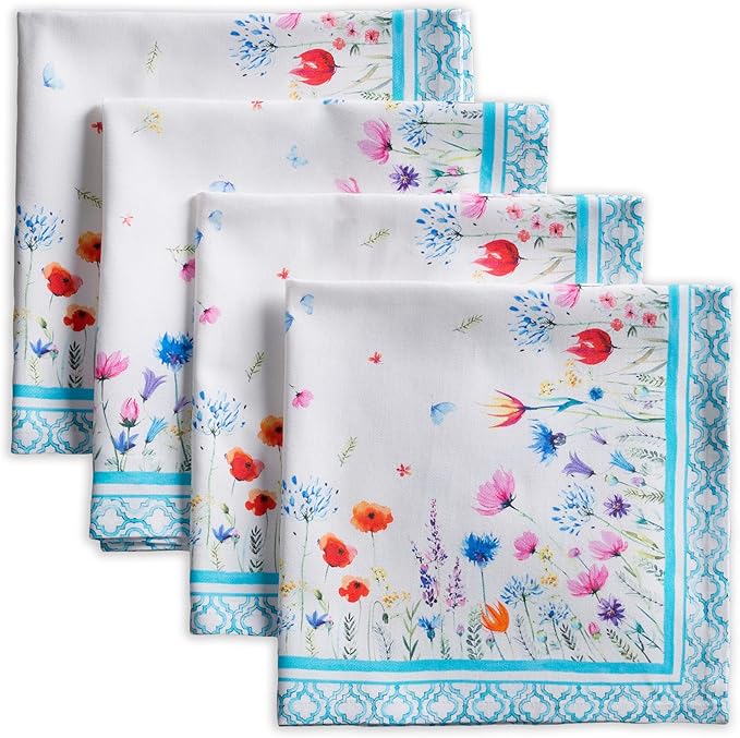 Maison d' Hermine 100% Cotton Cloth Napkins Set of 4 Everyday Reusable Square Napkins Cloth Washable Dinner Party Wedding Restaurant Hotel Kitchen Spring Summer (Flower in The Field, 20" x 20")