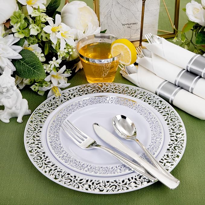 WELLIFE 175Pcs Silver Dinnerware Sets, Include:25 Dinner Plates, 25 Dessert Plates, 25 Paper Napkins, 25 Cups, 75 Silver Silverware Set for Party and Weddings