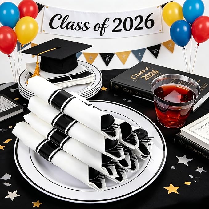 WELLIFE 210Pcs Black Plastic Dinnerware with Pre Rolled Napkins, Include:30 Dinner Plates, 30 Dessert Plates, 30 Paper Napkins, 30 Cups, 90 Plastic Cutlery