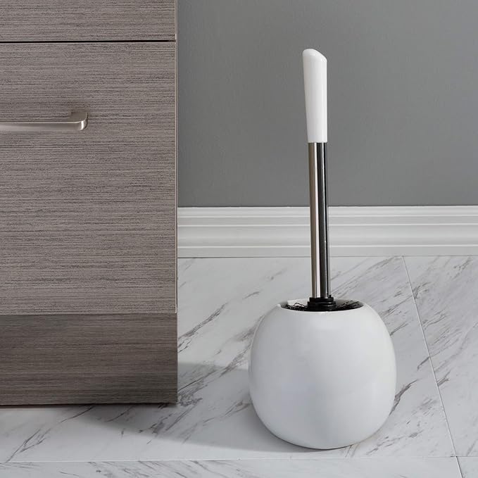 Bath Bliss Ceramic Dome Brush & Holder Set, Decorative, Modern, Freestanding, Heavy Duty Cleaning Toilet-Brushes, (Pack of 1), White
