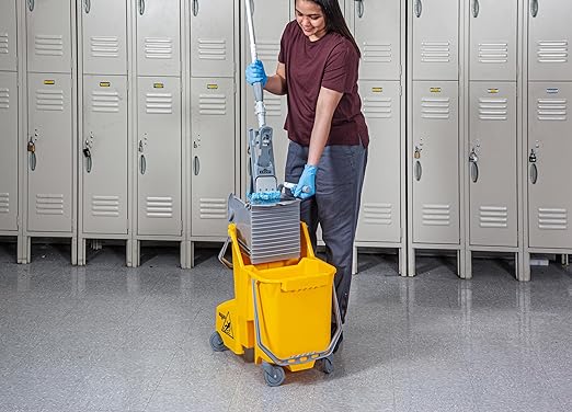 Unger Commercial 8-Gallon Dual-Compartment Mop Bucket with Side Press Wringer – Yellow, Ergonomic Design for Efficient Floor Cleaning COMBY