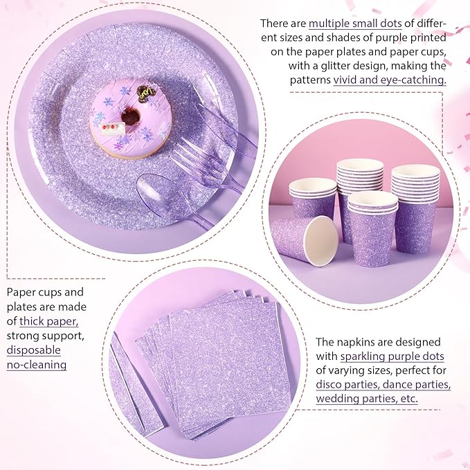 Hushee 175 Pcs Pastel Purple Holographic Print Party Supplies Guests Disposable Dinnerware Set Include Paper Plates, Napkins, Cups, Plastic Cutlery for Wedding Birthday Disco Bachelorette